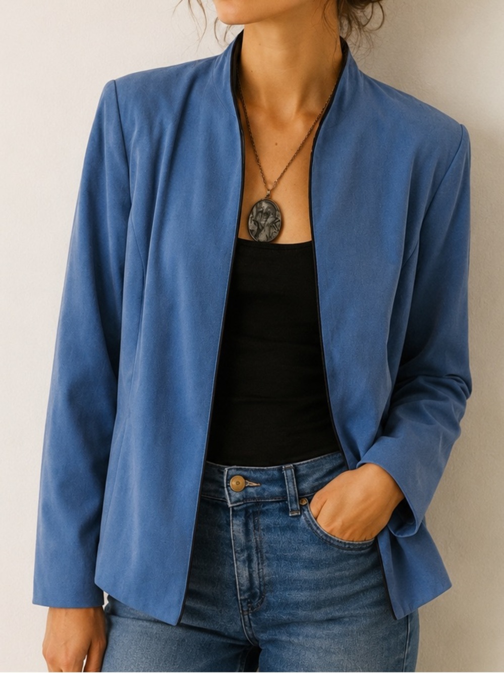 Vintage Fashion Bug Velvety Sky Blue Mandarin Color Lightweight Blazer Size 8